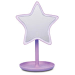 A star-shaped vanity mirror with a lavender base and LED lighting, perfect for beauty routines or room décor.