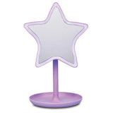 A star-shaped vanity mirror with a lavender base and LED lighting, perfect for beauty routines or room décor.