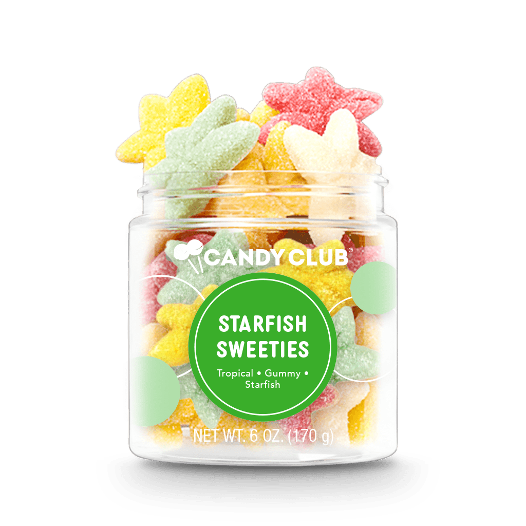 Jar of colorful starfish-shaped gummy candies with 'Candy Club' branding on a white background.