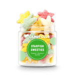 Jar of colorful starfish-shaped gummy candies with 'Candy Club' branding on a white background.