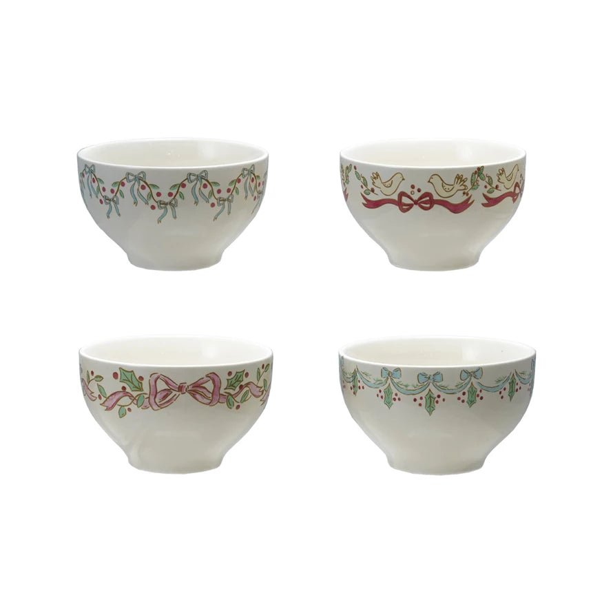 Set of 4 stoneware holiday bowls with bow and garland designs in assorted styles