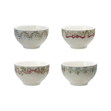 Set of 4 stoneware holiday bowls with bow and garland designs in assorted styles