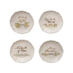 Scalloped holiday stoneware plate with festive saying and gold rim