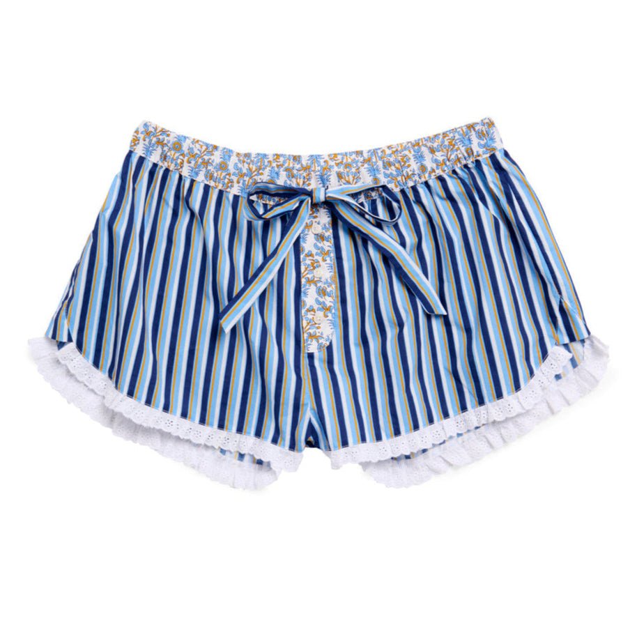 Blue and white striped boxer lounge shorts with floral waistband and lace trim