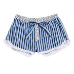 Blue and white striped boxer lounge shorts with floral waistband and lace trim