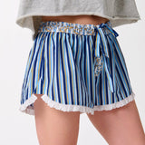 Striped Boxer Lounge Shorts – Blue Stripe with Floral Waistband by Shiraleah at Confetti Gift and Party Tuscaloosa Alabama
