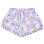 Children’s Sweet Santa plush shorts with pastel purple background, pink Santa print, back pocket, and elastic waistband.