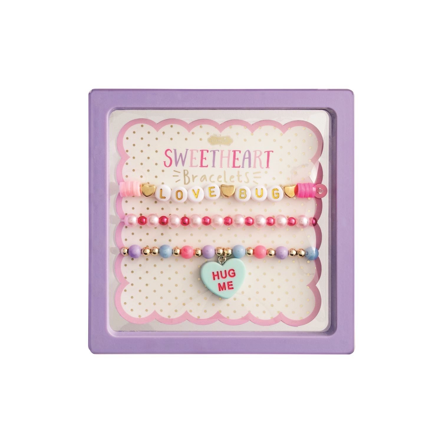 Set of three pastel bead stretch bracelets with 'Love Bug' lettering and 'Hug Me' heart charm for girls