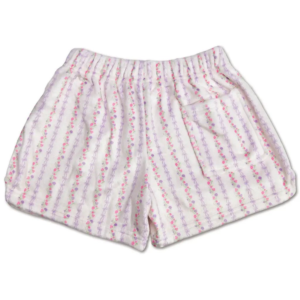 White plush shorts with pink and lavender bow vine print for girls