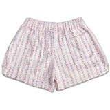 White plush shorts with pink and lavender bow vine print for girls