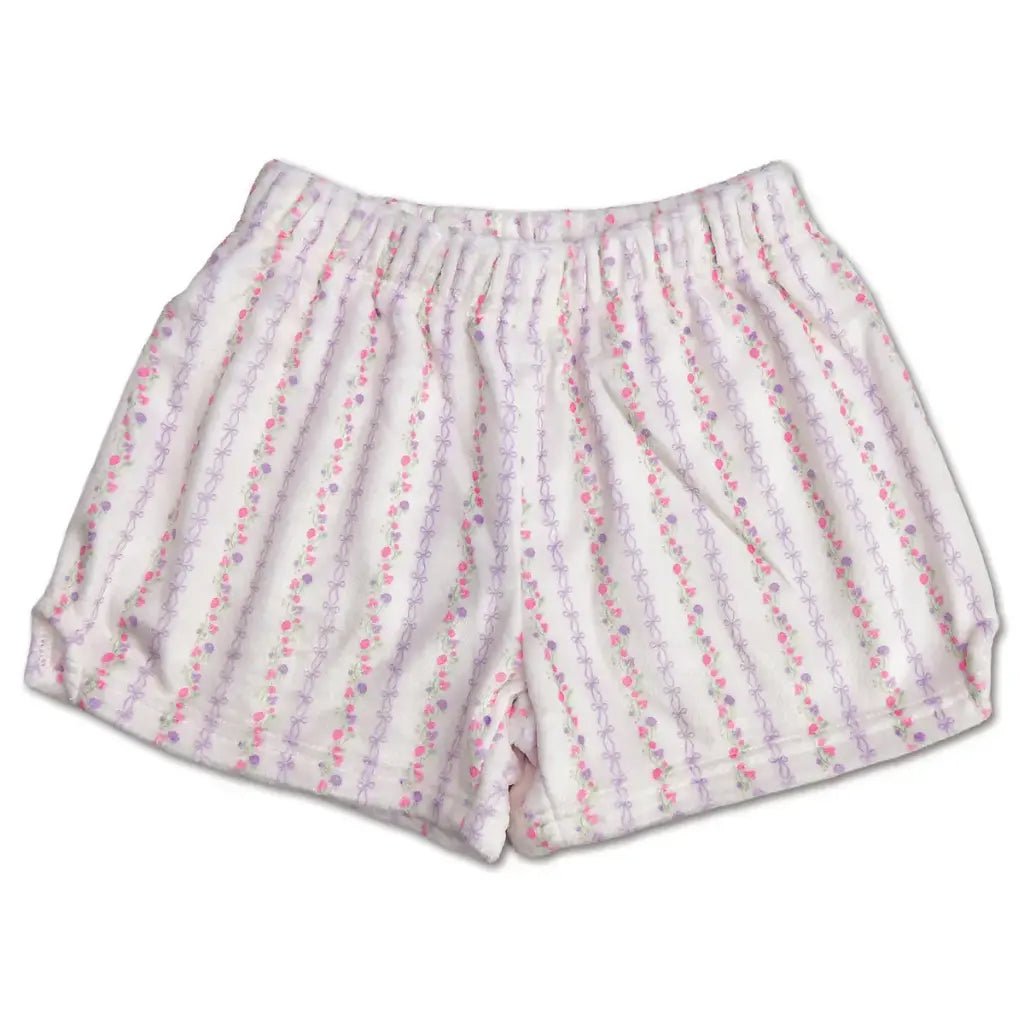 White plush shorts with pink and lavender bow vine print for girls
