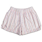 White plush shorts with pink and lavender bow vine print for girls
