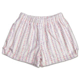 White plush shorts with pink and lavender bow vine print for girls