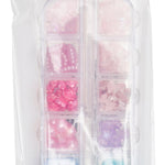 Clear tackle box filled with pink, purple, blue, and iridescent stick-on face gems for kids