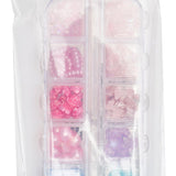 Clear tackle box filled with pink, purple, blue, and iridescent stick-on face gems for kids