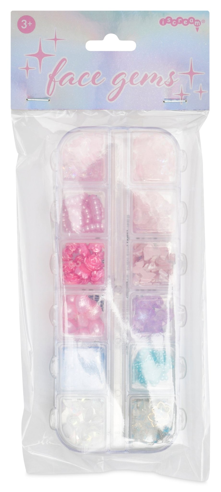 Clear tackle box filled with pink, purple, blue, and iridescent stick-on face gems for kids