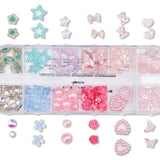 Clear tackle box filled with pink, purple, blue, and iridescent stick-on face gems for kids