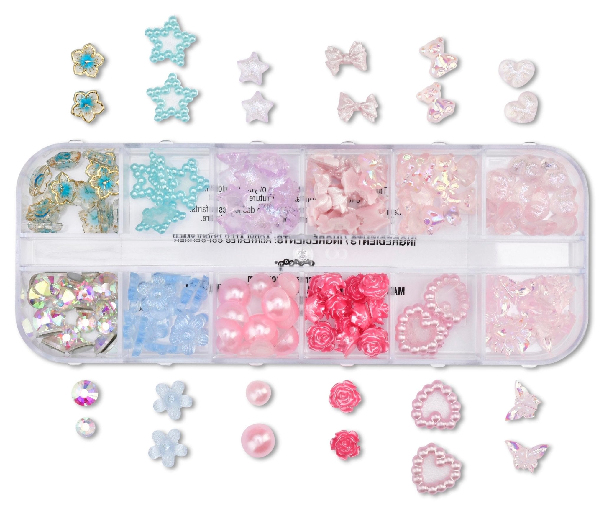 Clear tackle box filled with pink, purple, blue, and iridescent stick-on face gems for kids