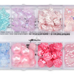 Clear tackle box filled with pink, purple, blue, and iridescent stick-on face gems for kids