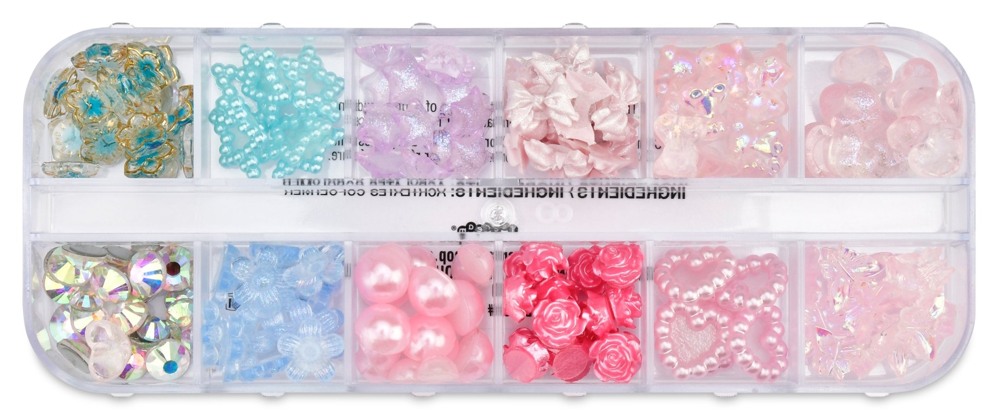 Clear tackle box filled with pink, purple, blue, and iridescent stick-on face gems for kids