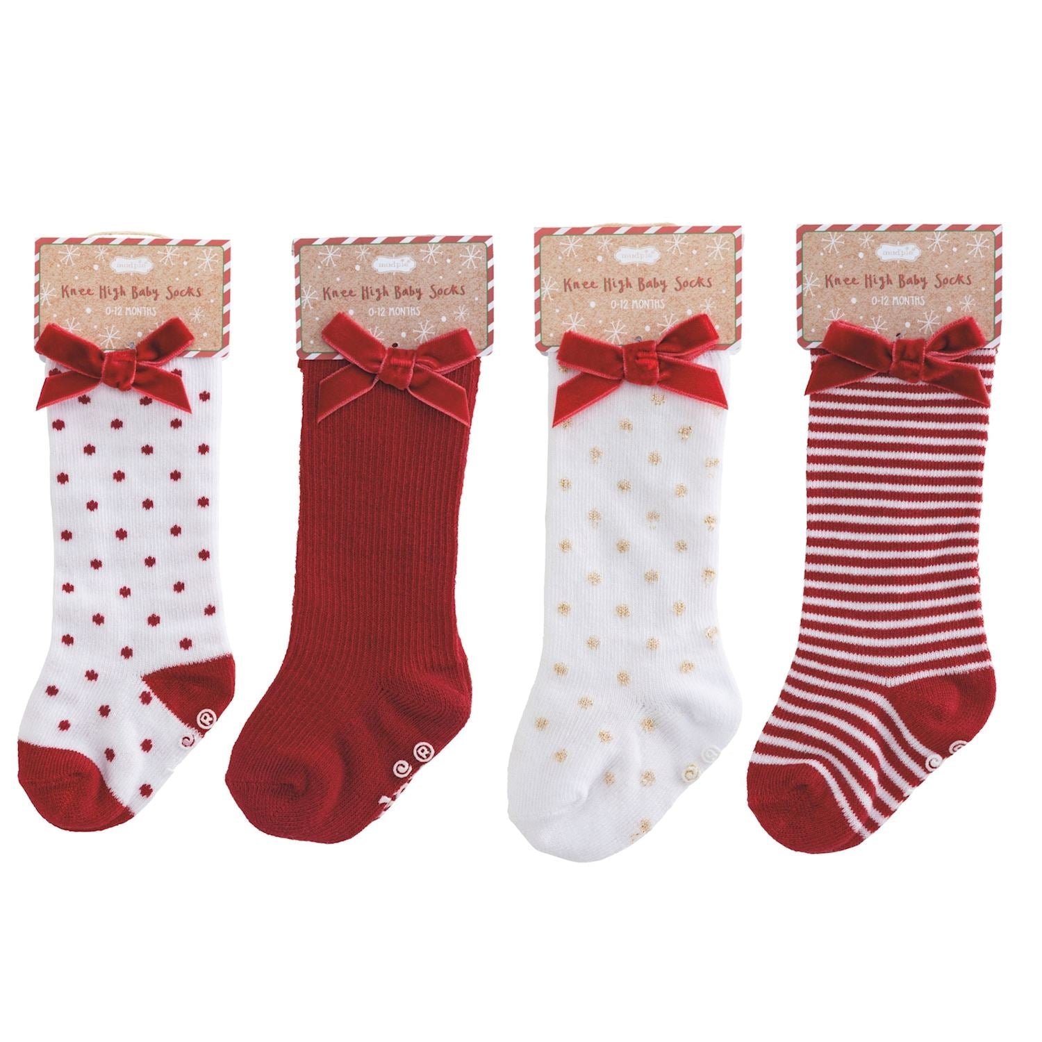 Christmas-themed knee-high baby socks with velvet bows in red and white designs, for ages 0–12 months