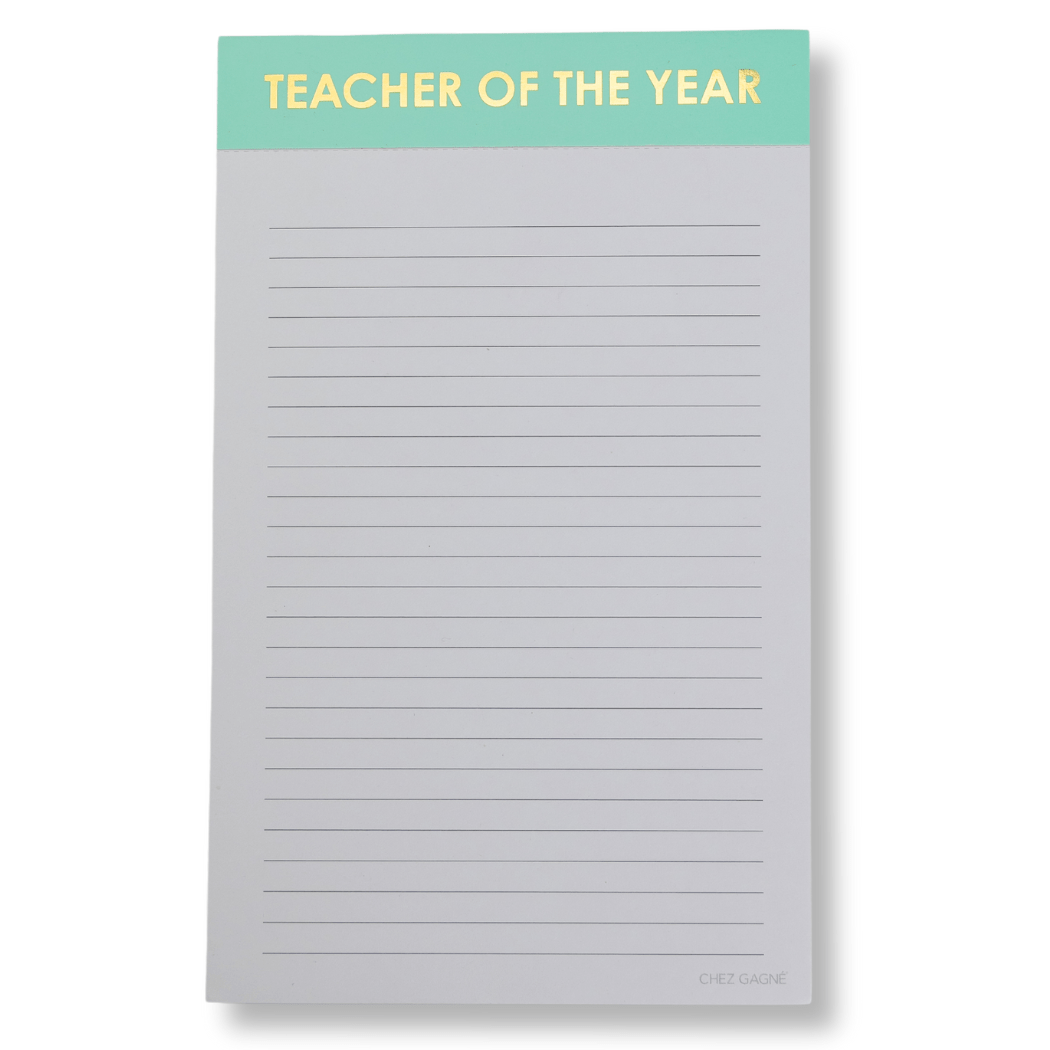 Lined notepad with mint green header and gold foil “TEACHER OF THE YEAR” text