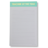 Lined notepad with mint green header and gold foil “TEACHER OF THE YEAR” text