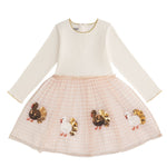 toddler Thanksgiving dress with sequin turkeys and pink gingham mesh tutu
