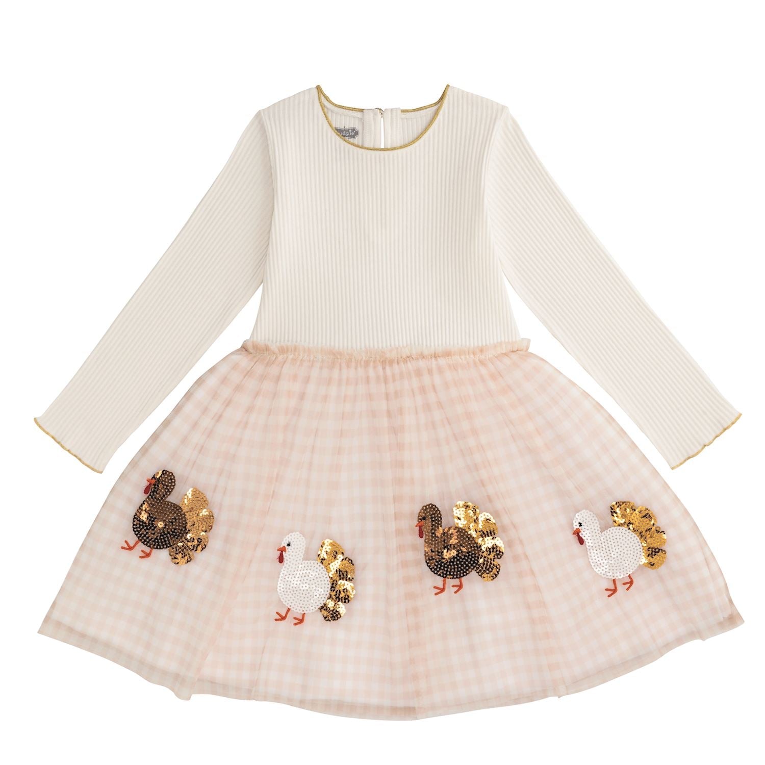toddler Thanksgiving dress with sequin turkeys and pink gingham mesh tutu