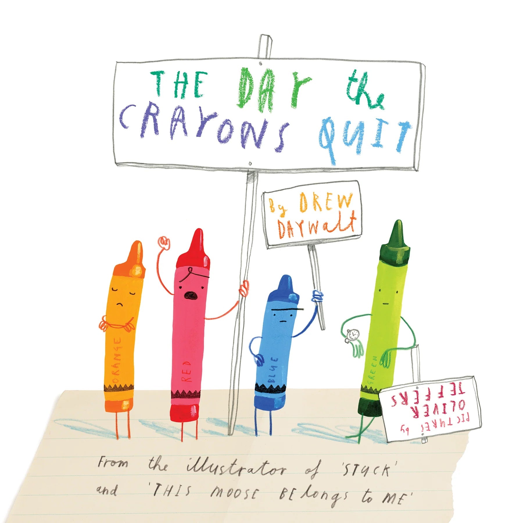 The Day the Crayons Quit children’s book cover featuring colorful crayon characters holding protest signs.