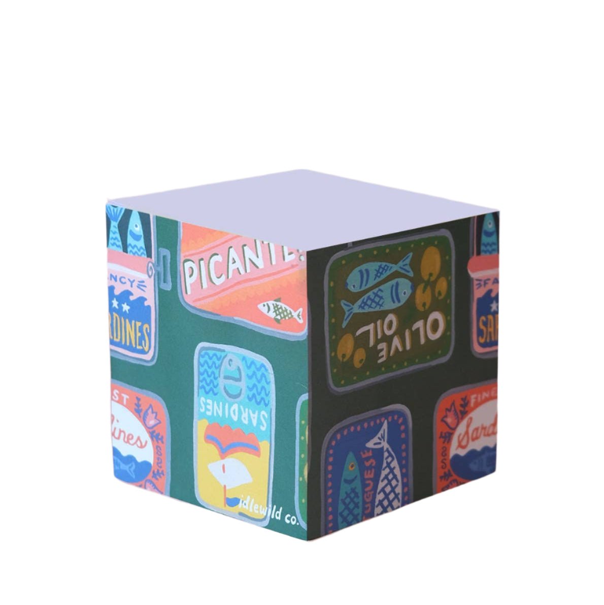 Idlewild Co. sticky note cube featuring colorful tinned fish illustrations, 720 blank notes