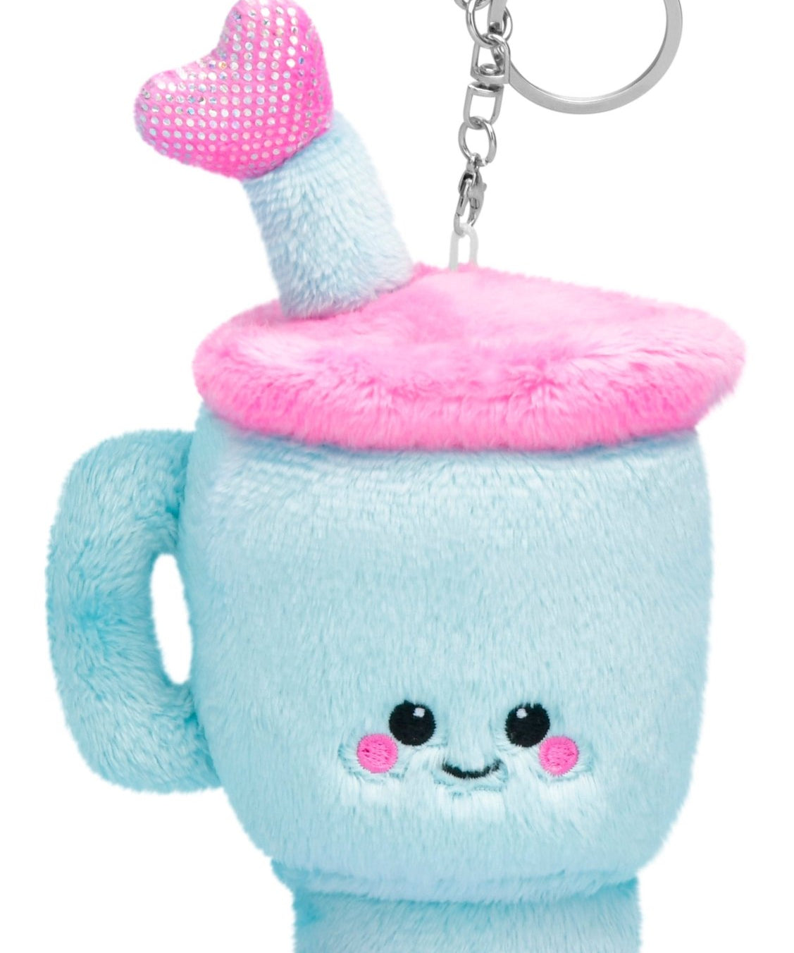 Plush blue travel cup keychain with pink fuzzy lid, smiling face, and sparkly straw and feet