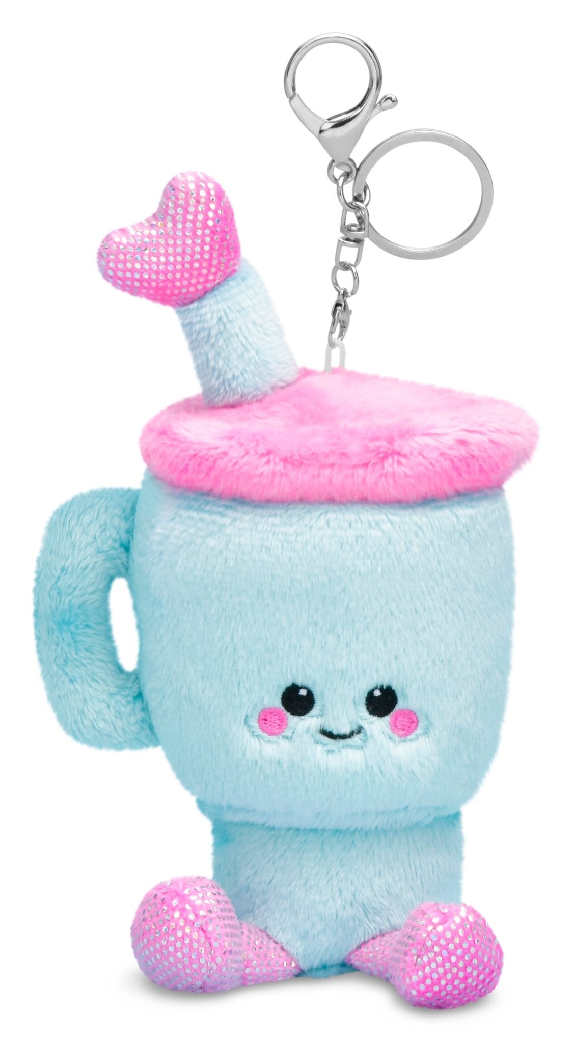 Plush blue travel cup keychain with pink fuzzy lid, smiling face, and sparkly straw and feet