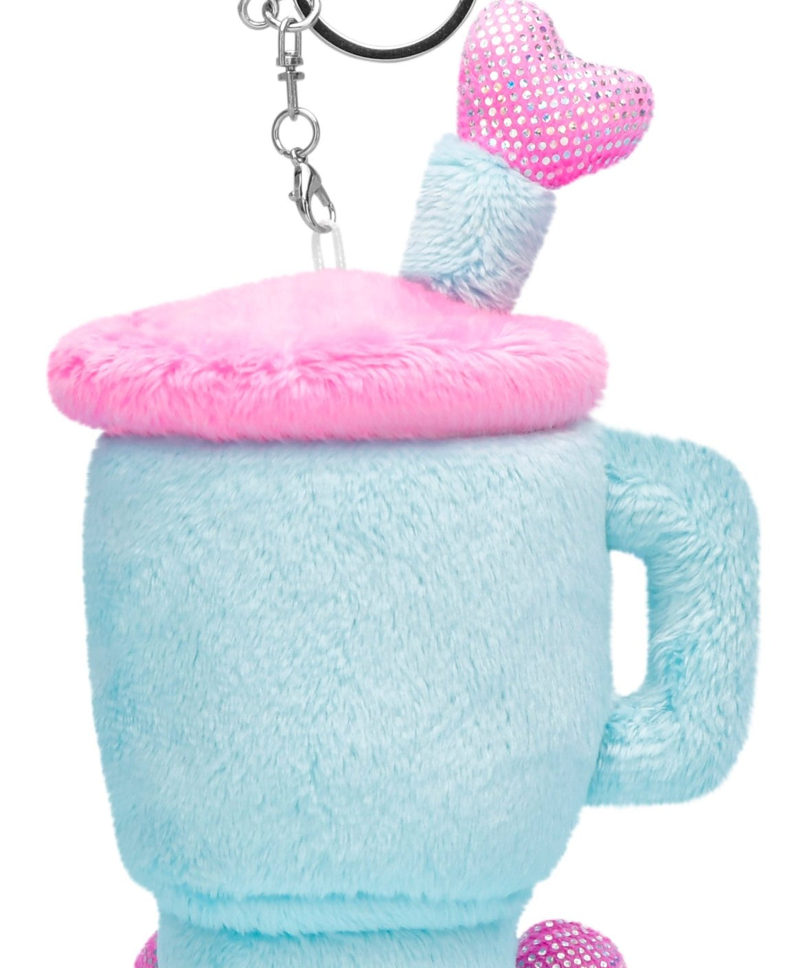 Plush blue travel cup keychain with pink fuzzy lid, smiling face, and sparkly straw and feet