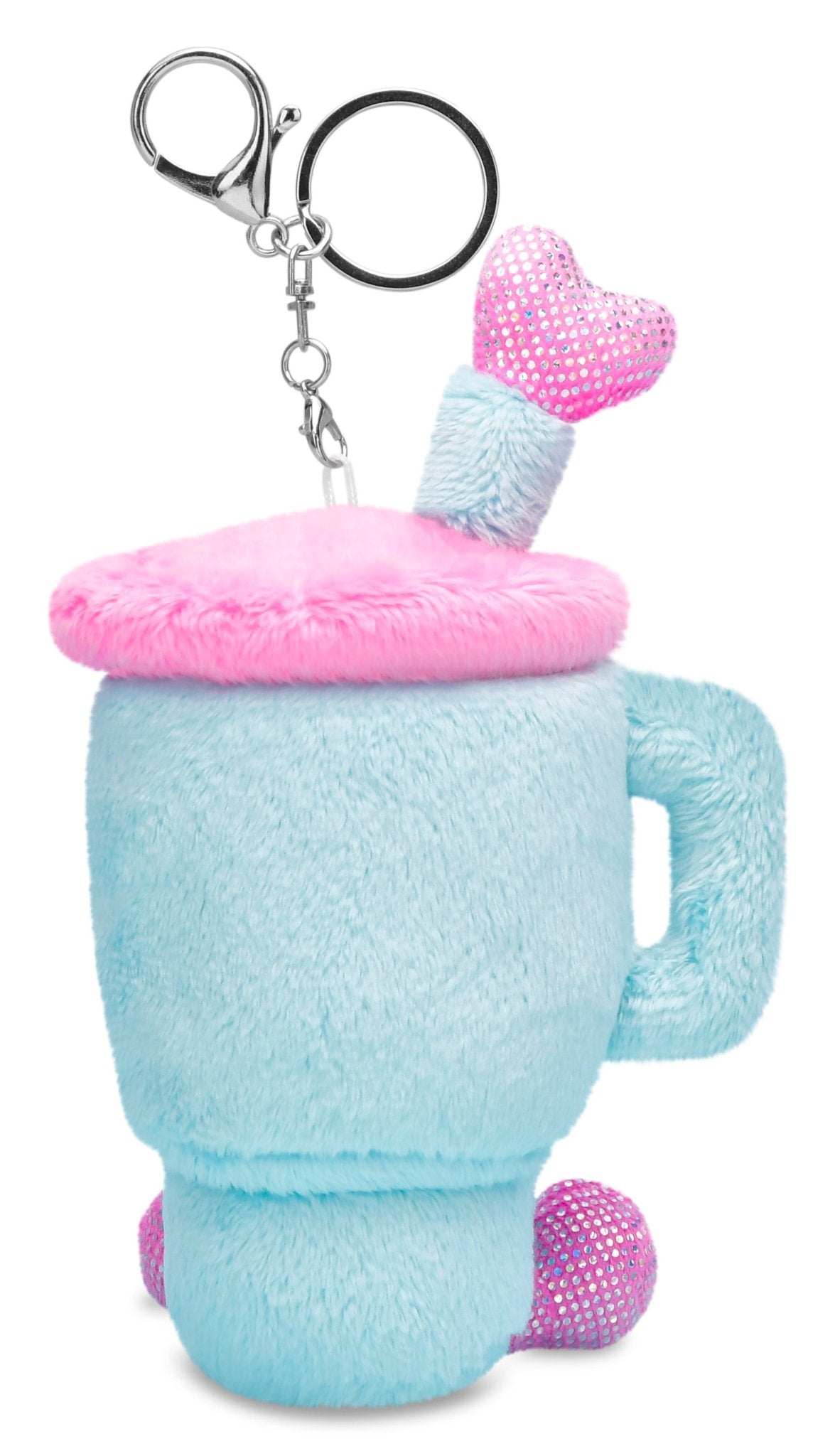 Plush blue travel cup keychain with pink fuzzy lid, smiling face, and sparkly straw and feet