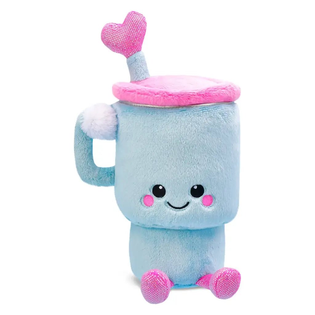 Mini plush shaped like a travel cup with a blue body, pink lid, embroidered smiling face, pink sparkly feet, and a heart-topped straw.