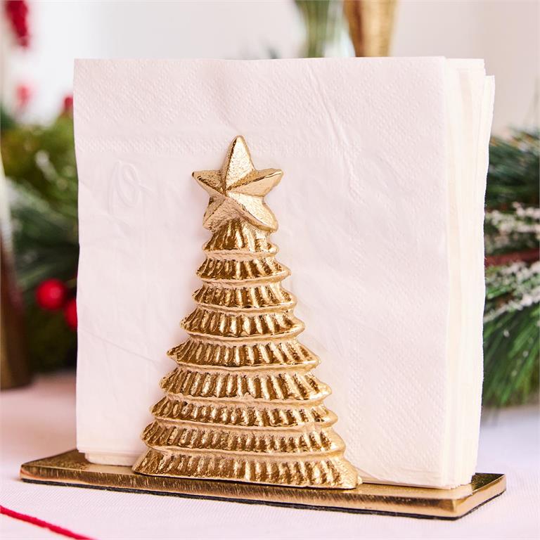 Gold Christmas tree napkin holder by Mary Square, festive tabletop décor for holiday entertaining.