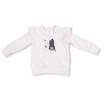White Halloween sweatshirt with ruffle shoulders and silkscreen ghost and cat that says “Trick or Treat”