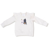 White Halloween sweatshirt with ruffle shoulders and silkscreen ghost and cat that says “Trick or Treat”