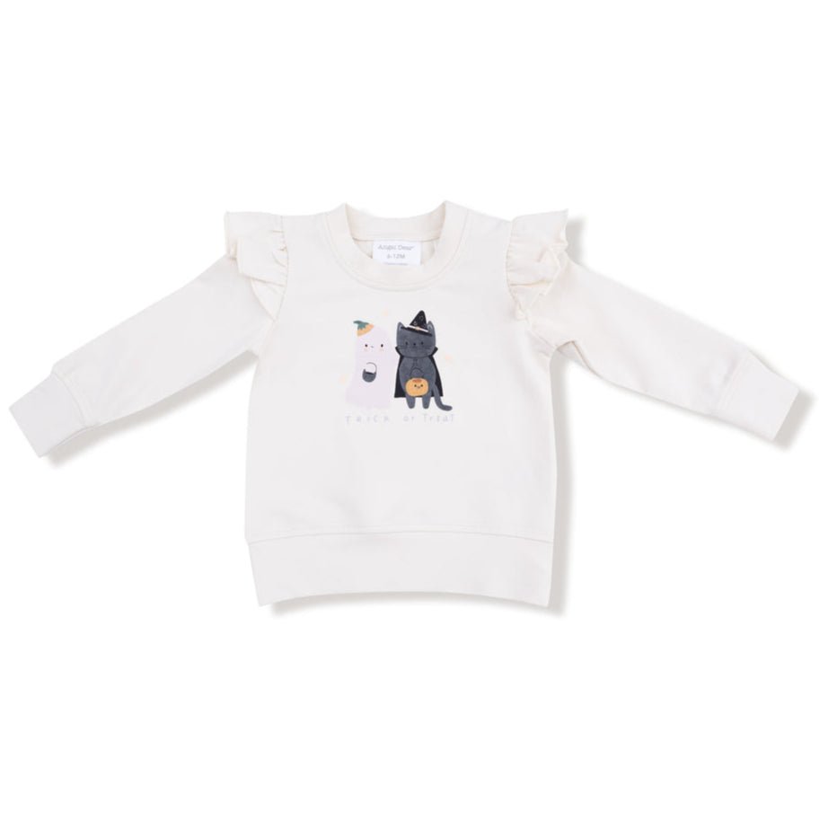 White Halloween sweatshirt with ruffle shoulders and silkscreen ghost and cat that says “Trick or Treat”