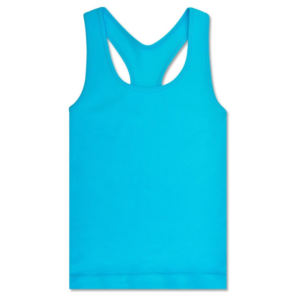 Children’s turquoise ribbed racerback tank top with a fitted stretch design.