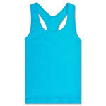 Children’s turquoise ribbed racerback tank top with a fitted stretch design.