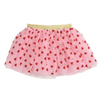  girls’ mesh tutu skirts with gold waistbands – one with red heart print, one with large sequin hearts in pink and red