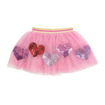  girls’ mesh tutu skirts with gold waistbands – one with red heart print, one with large sequin hearts in pink and red