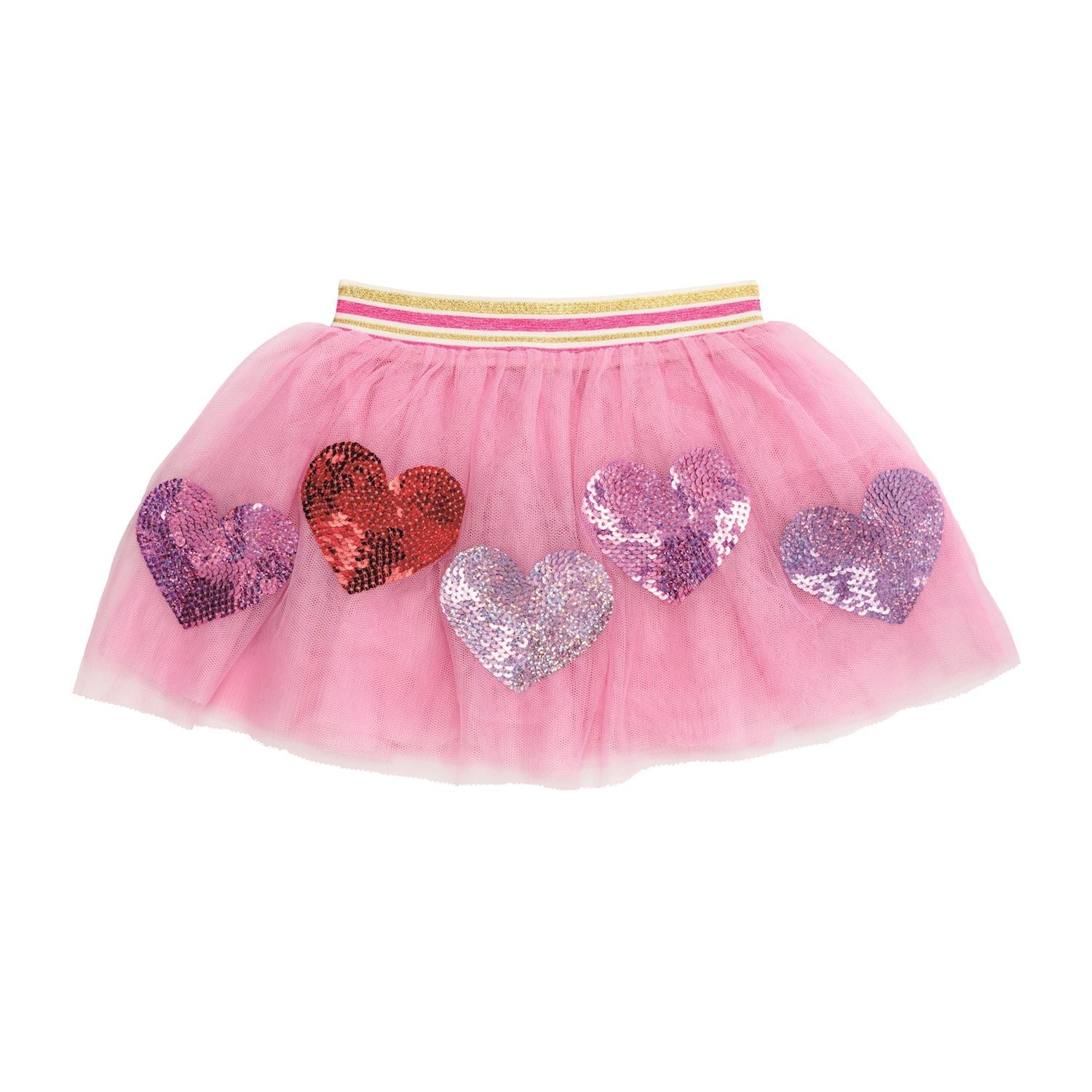  girls’ mesh tutu skirts with gold waistbands – one with red heart print, one with large sequin hearts in pink and red