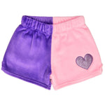 Kids plush shorts with purple and pink color-block design and glitter heart patch
