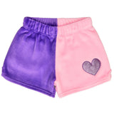 Kids plush shorts with purple and pink color-block design and glitter heart patch
