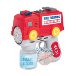 Toy bubble gun shaped like a fire truck with bubble liquid attachment on a white background