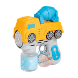 Toy bubble gun shaped like a construction truck with blue and yellow colors on a white background