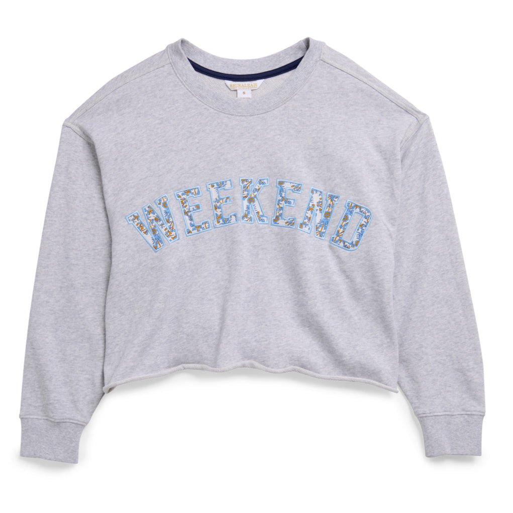 Heather gray sweatshirt with “WEEKEND” floral appliqué lettering